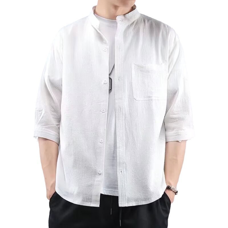 Stand Collar Short Shirt for Men, Summer Trendy Brand, High-end Sense, Stylish Men's Shirt, Plus Size, Three-quarter Sleeve