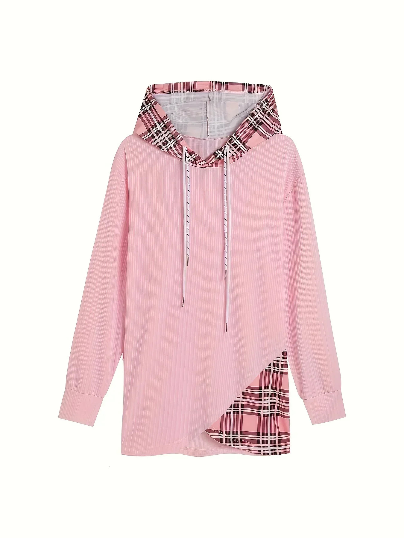 Women Plus Size 1XL5XL Casual Hoodie Sweatshirt Pullover Womens Colorblock Plaid Print Long Sleeve Drawstring Hoodie 250728