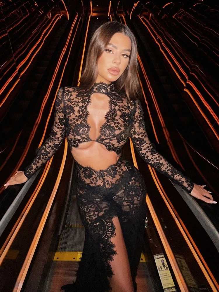 Sexy Long Sleeve Lace Hollow Out Design Long Dress Women Black O Neck Cut Out Slim Split Evening Party Cocktail Gowns Z250728