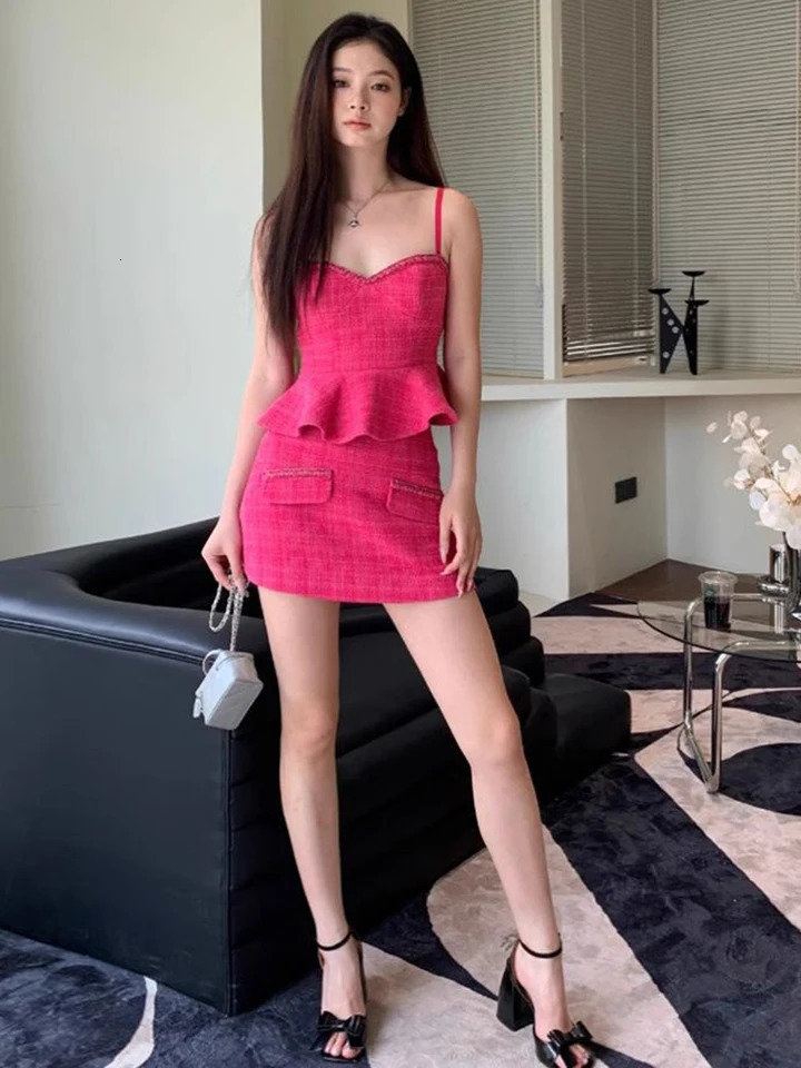 High Quality Tweed 2 Piece Set Women Summer Top Sleeveless Ruffles Slim Waist Mini Skirt Fashion Outfit 250728