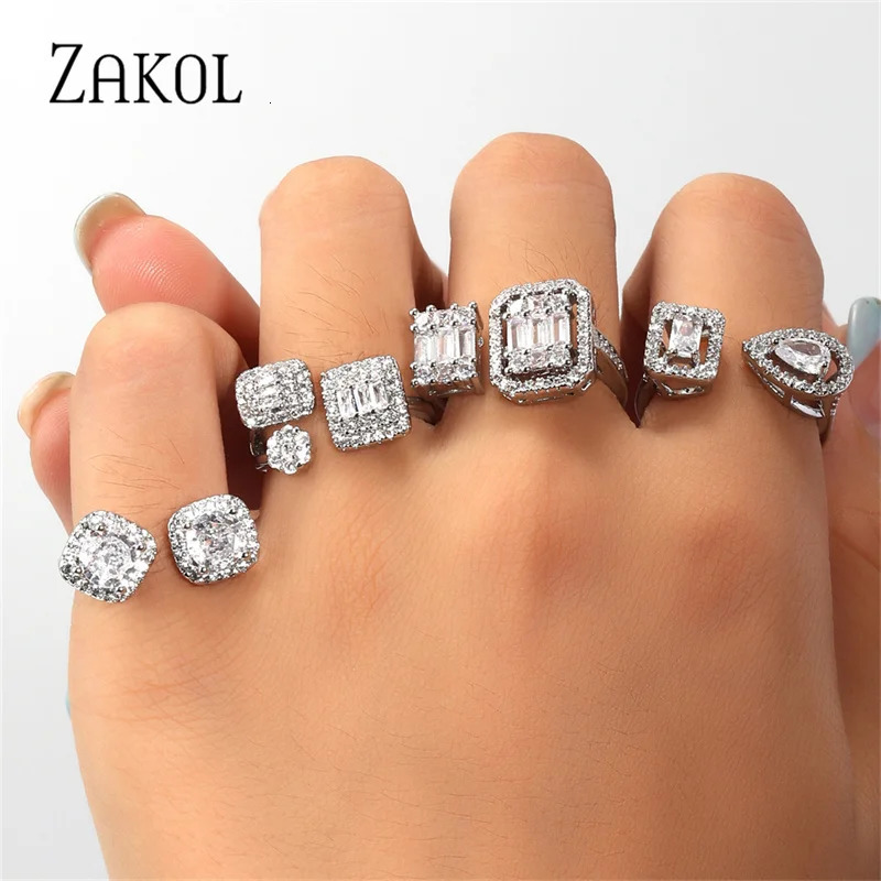 ZAKOL Shinny Geometric Square Crystal Open Rings Fashion Cubic Zirconia Engagement Ring for Women Wedding Jewelry 250728