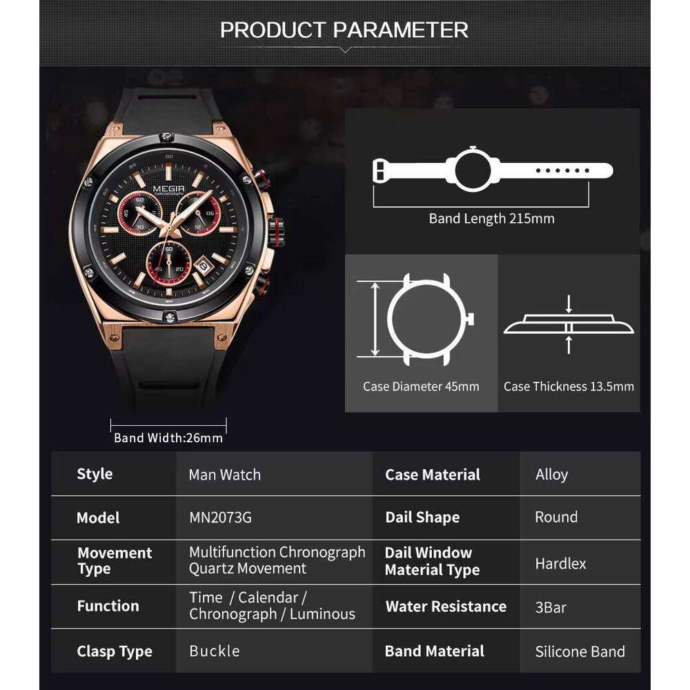 MEGIR Men's Sports Chronograph Watch - Silicone Strap, Waterproof, Luminous, 45mm - 2025 Spring Collection Watch