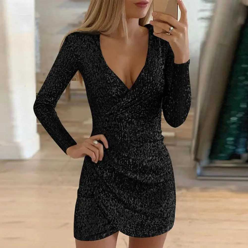 Shiny Sequins Women Dress Sequin Deep V Neck Irregular Pleated Slim Fit Short Hem Dress for Party Club Dating Prom Mini Dress Z250728