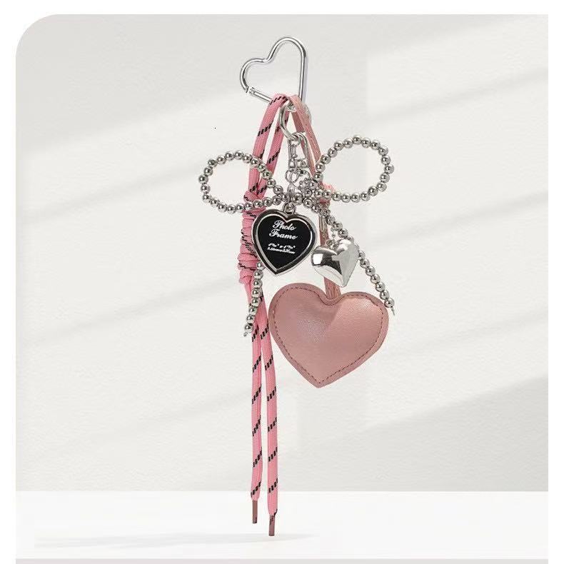 Cute Girly Heart Silver Bead Bowknot Miu Style Bag Pendant Leather Heart Super Beautiful Keychain Ornament 250726