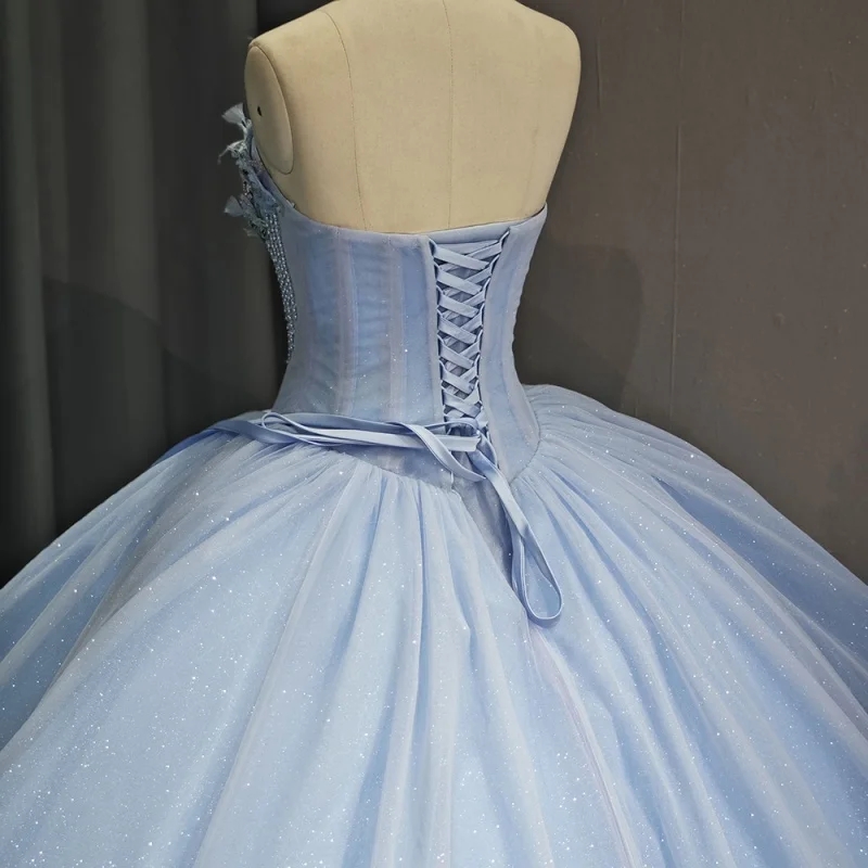 Sky Blue Shiny Princess Quinceanera Dresses Off Shoulder Beading Crystal Flower Tull Sweet 16 Dress Ball Gown Vestidos 15 De Anos