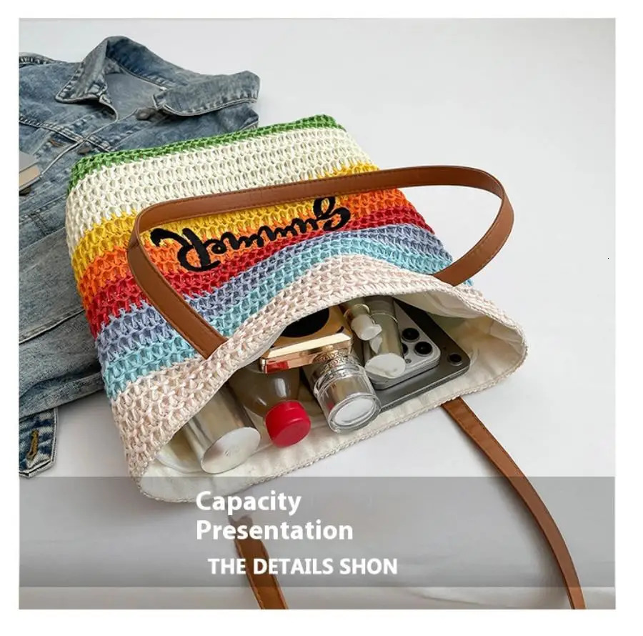 Summer woven embroidered beach bag womens tote bag large capacity single shoulder travel bag grass woven bag 250723