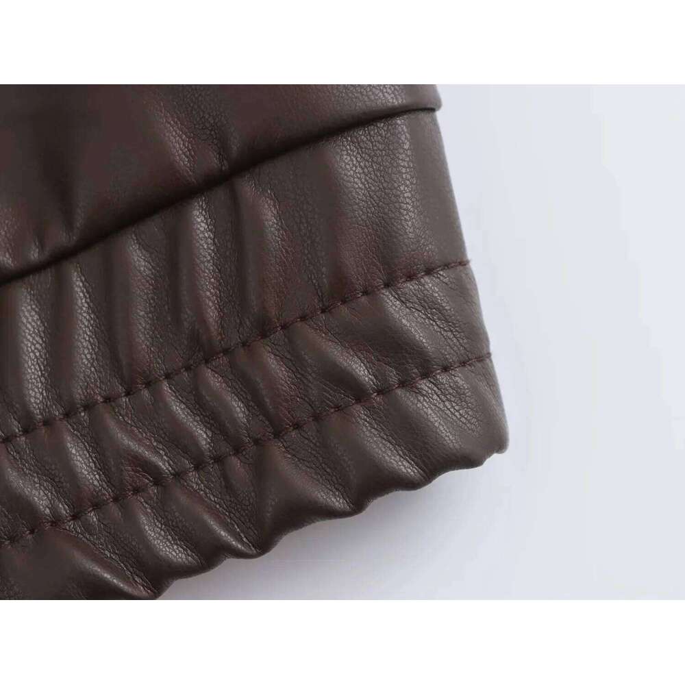 TRAFZA 2025 Autumn Winter Streetwear Faux Leather Women Jackets Fashion Vintage Spliced Zipper Turn Down Collar Chic Lady Jacket