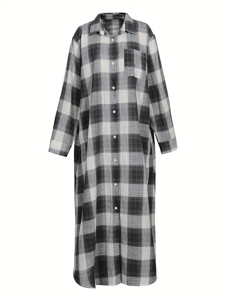Summer Womens Loose Casual Shirt Dress Striped Plaid Long Sleeve Button Fashion Classic Plus Size 250728