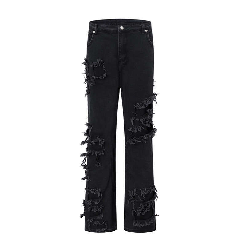 Dark Light Asian Style Jeans Slightly Flared Double Layer Distressed Frayed Edge Stretch Slim Fit Slimming Ribbon Long Pants B5