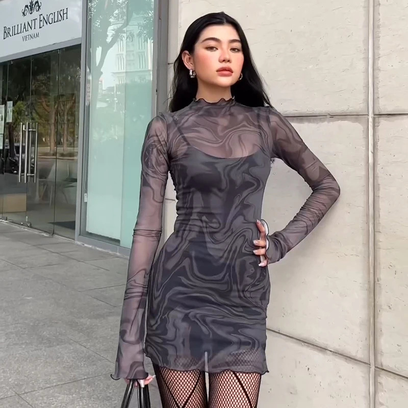 Sexy Dress Women Two Piece Set Mesh See Through Slim Party Strap Mini Fashion Casual Summer Elegant Clubwear Long Sleeves 250728