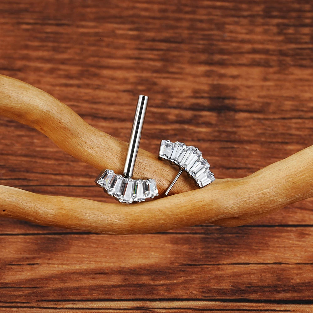 Right Grand ASTM 36 Threadless Push Pin Nipple Shield Barbell Ring with 5-Cluster Baguette CZ Crown Ends 250722