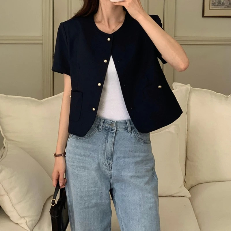 REALEFT Summer Single Breasted Womens Short Jackets Solid Oneck Sleeve Casual Korean Slim Outerwear Female 250728