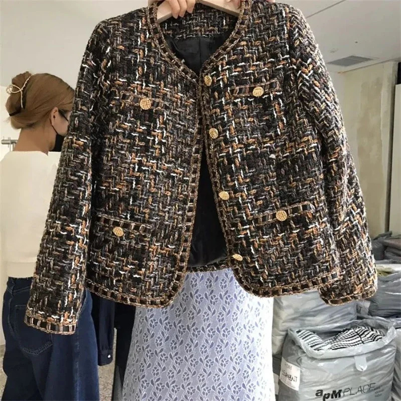 Autumn Winter Vintage Tweed Jacket Coat Women Small Fragrance Patchwork Korean Woolen Cropped Coats Elegant Short Outerwear 250728
