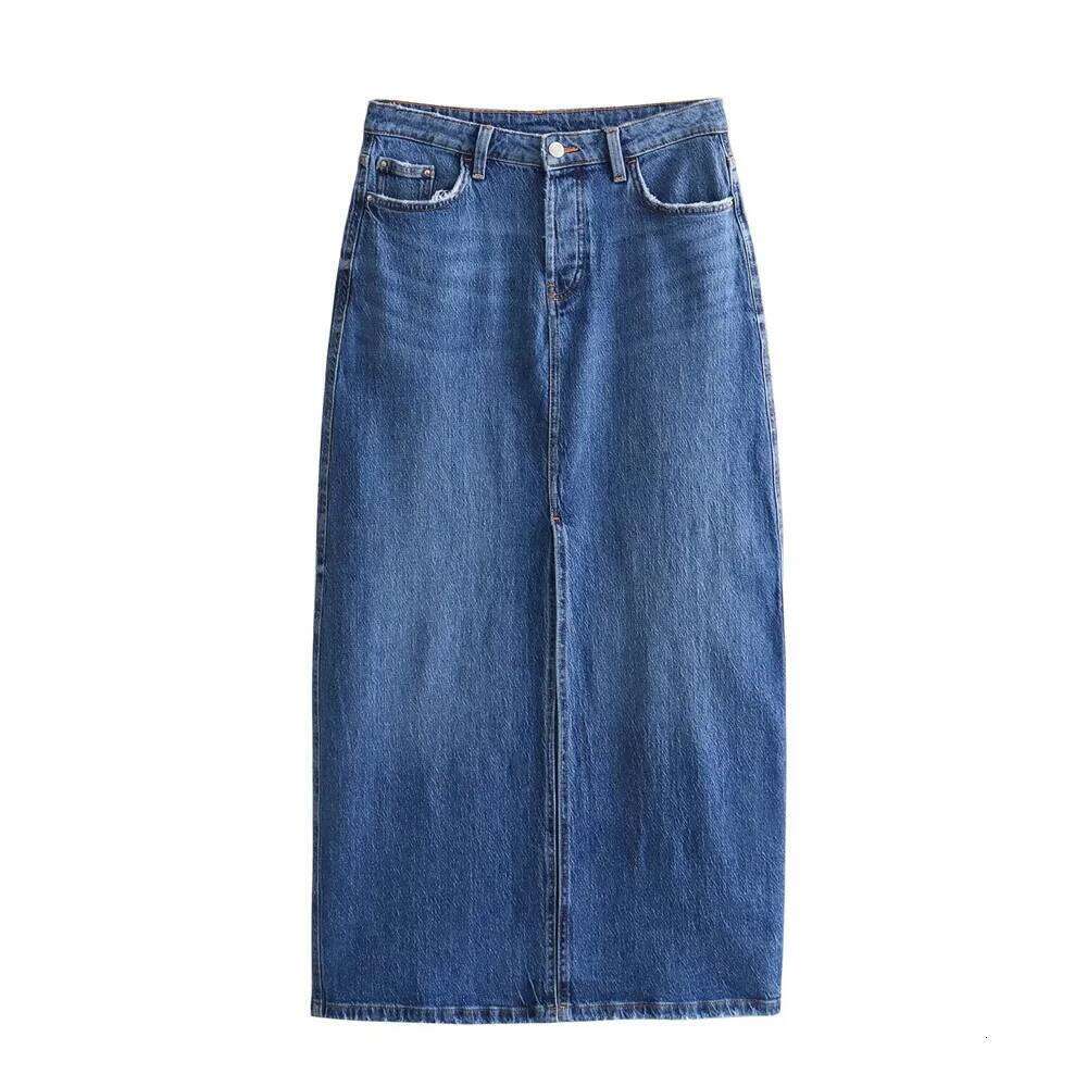 Zach Ailsa Spring New Product Women's Fashion Style High Waist Midi Wrap Hip Slim Fit Blue Split Denim Skirt