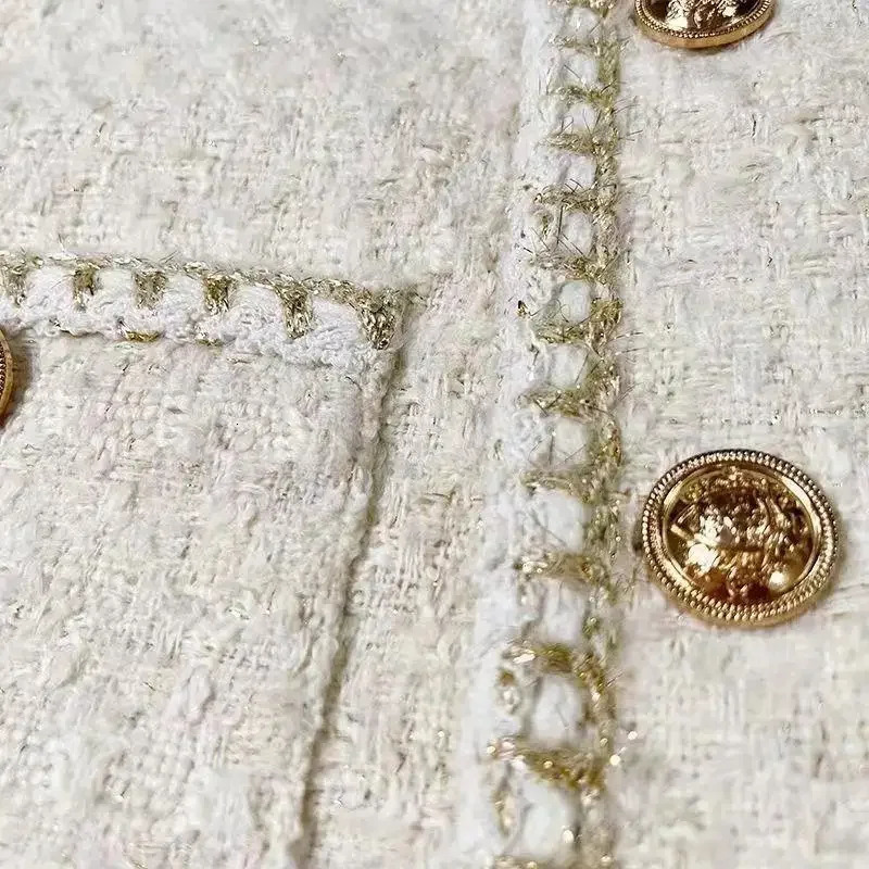 Spring Autumn Of The Season Korean Style Beige French Short Coat Womens Thickened Tweed Jacket Crew Neck Loose Fit 250728