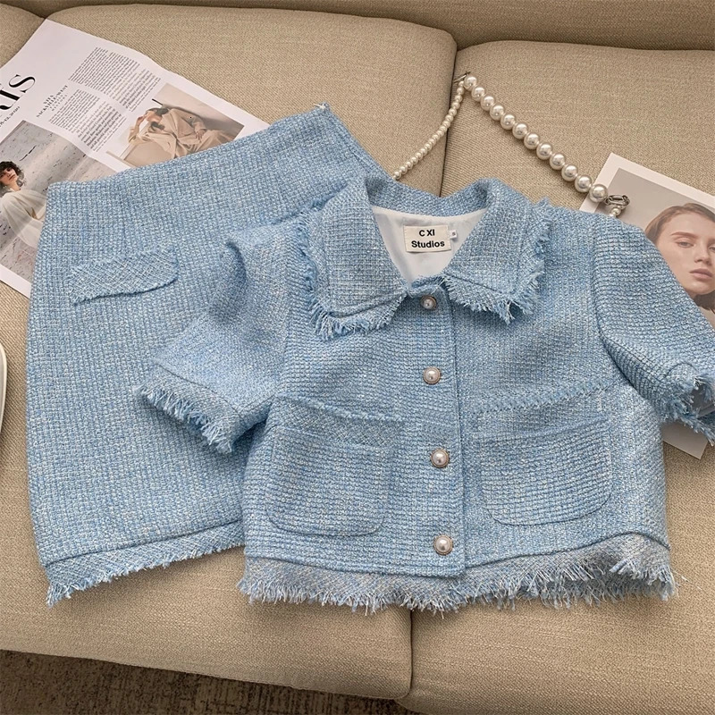 Summer Ladies Blazer Set Skirt Jacket Coat Slim High Waist Skirts Mini Solid Casual Vintage Tweed 2 Piece Set 250728
