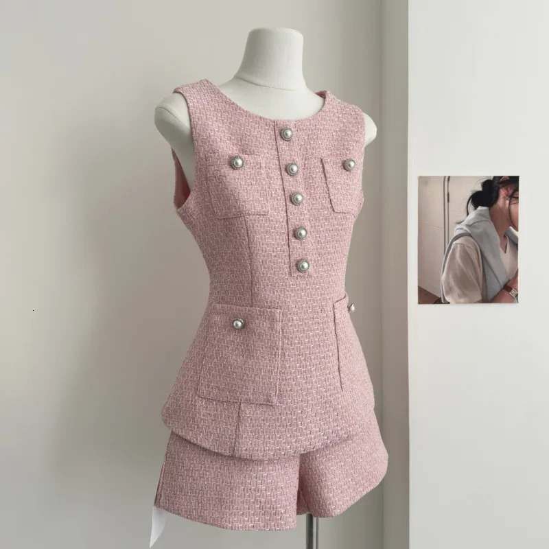 igh Quality Female Tweed Sleeveless Vest Top High Waist Shorts Set Women French Slim Summer Sweet Girl Lady Two Piece Outfits 250728