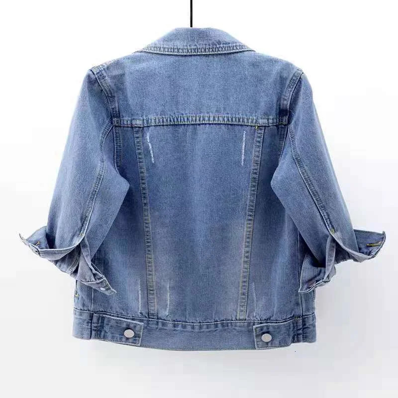 Spring Summer Half Sleeve Women Collared Distressed Coat Ladies Washed Cropped Denim Jacket Ripped Jean Cardigan Shawl 250728