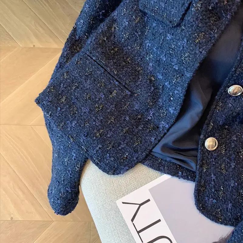 Dark Blue Tweed Short Coat Womens Autumn Fashionable Socialite Western Style Woven LongSleeved Top 250728