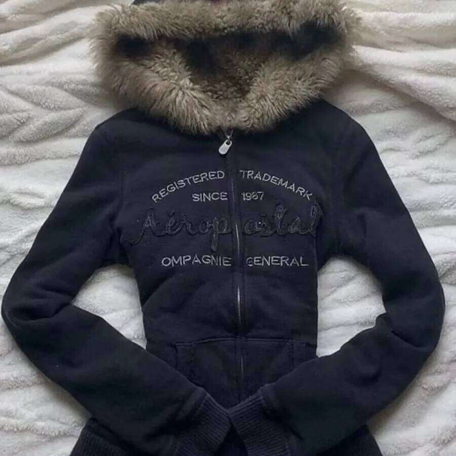 Haruku Korean Aesthetic Vintage Letter Fur Collar Hooded Sweatshirt Kawaii Autumn Winter Clothes Women Y2k Zip Up Hoodie