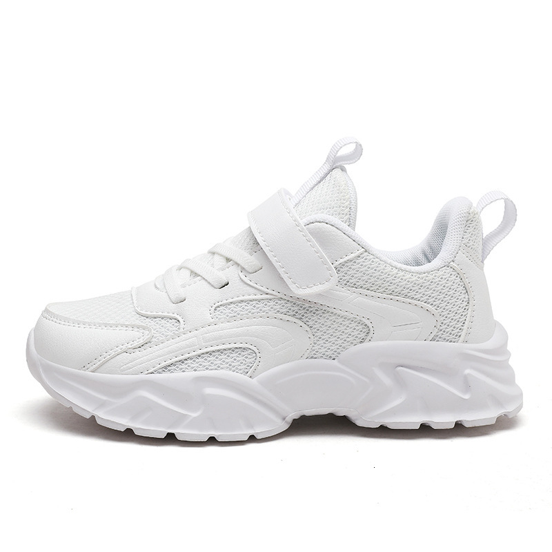 Children's Sports Girls' Little White Running Shoes Leather Mesh Breathable Boys' Travel Student Sneakers