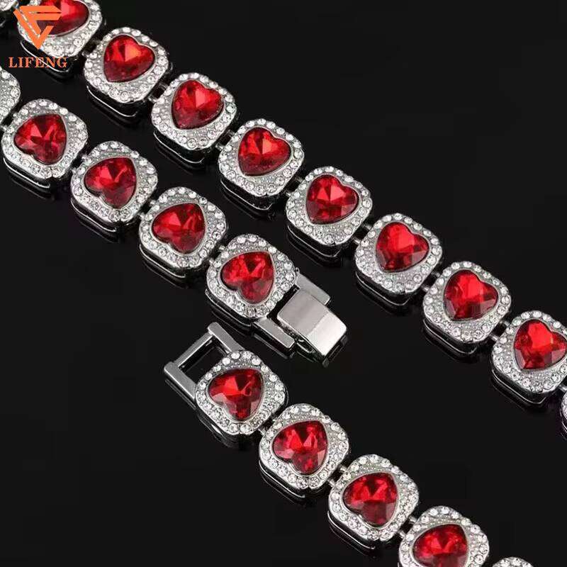 Fashion Jewelry Men Women 13mm Iced Out Red Heart Love Tennis Chain Necklace Gold Plated Moissanite Dia Stone Hip Hop Style