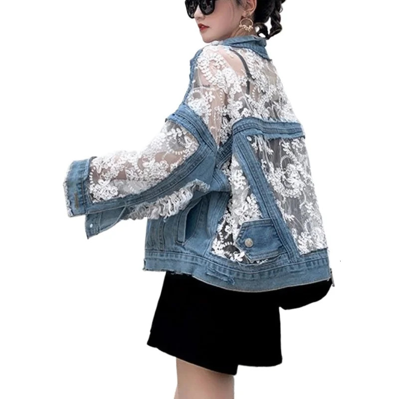 Mesh Embroidery Hole Denim Jacket 2025 Summer Lace Stitching ish Top 250728