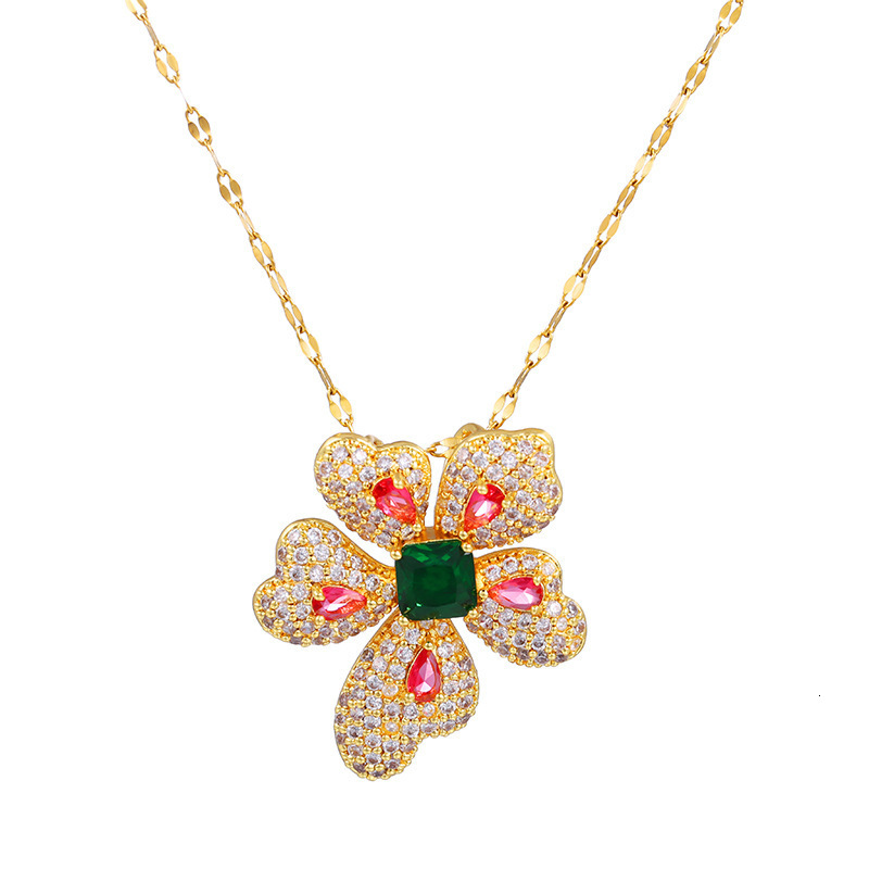Four Leaf Clovertitanium steelFashionable Zircon Full Diamond Necklace for Women Collarbone Chain Pendant Style 250728