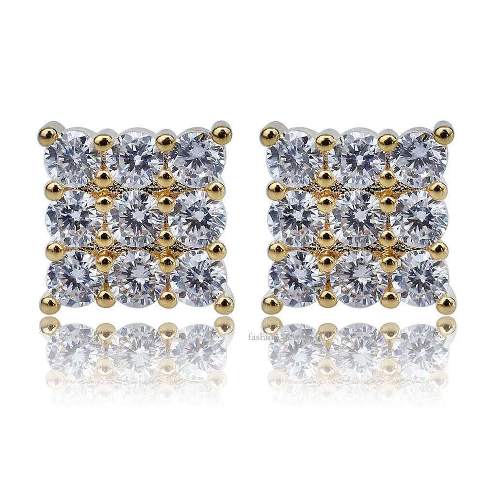 Gold Plated Hip Hop Cubic Zirconia Square Stud Earrings for Men Women Iced Out Dia Earring Studs Ear Piercing Punk Rock Rapper Jewelry Wholesale