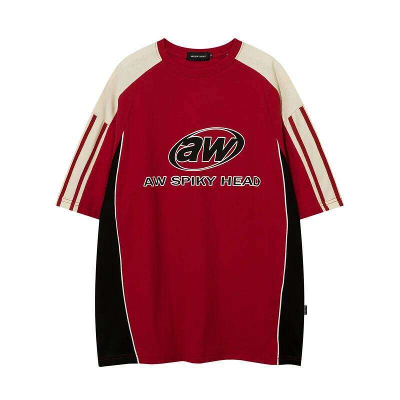 Retro Preppy Style T-shirts Men's Patchwork Color Contrast Short Loose Streetwear tshirt Half Sleeve Fashion Tops Tees