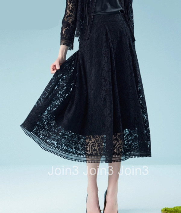 Summer New Lace Midi Skirt Black Slimming Elegant High Waist A-line Skirt 1242