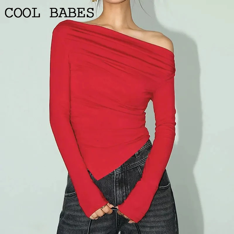 Womens Tshirt Spring Red Off Shoulder Sexy Tees Long Sleeves Warm Fashion Streetwear Pullover Asymmetrical Slim Female Tshirt 250728