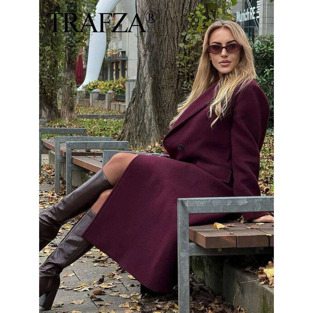 TRAFZA Women Fashion Bury Woolen Coat Double Breasted Long Sleeve Lapel Blends Jacket Autumn Winter High Street Outerwear
