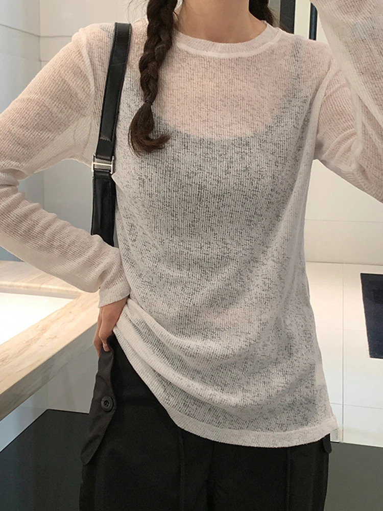 Sexy Knit Seethrough Women Tshirt Tops Solid Long Sleeve O Neck Loose Tshirts Female Casual Streetwear Base Tees 250728