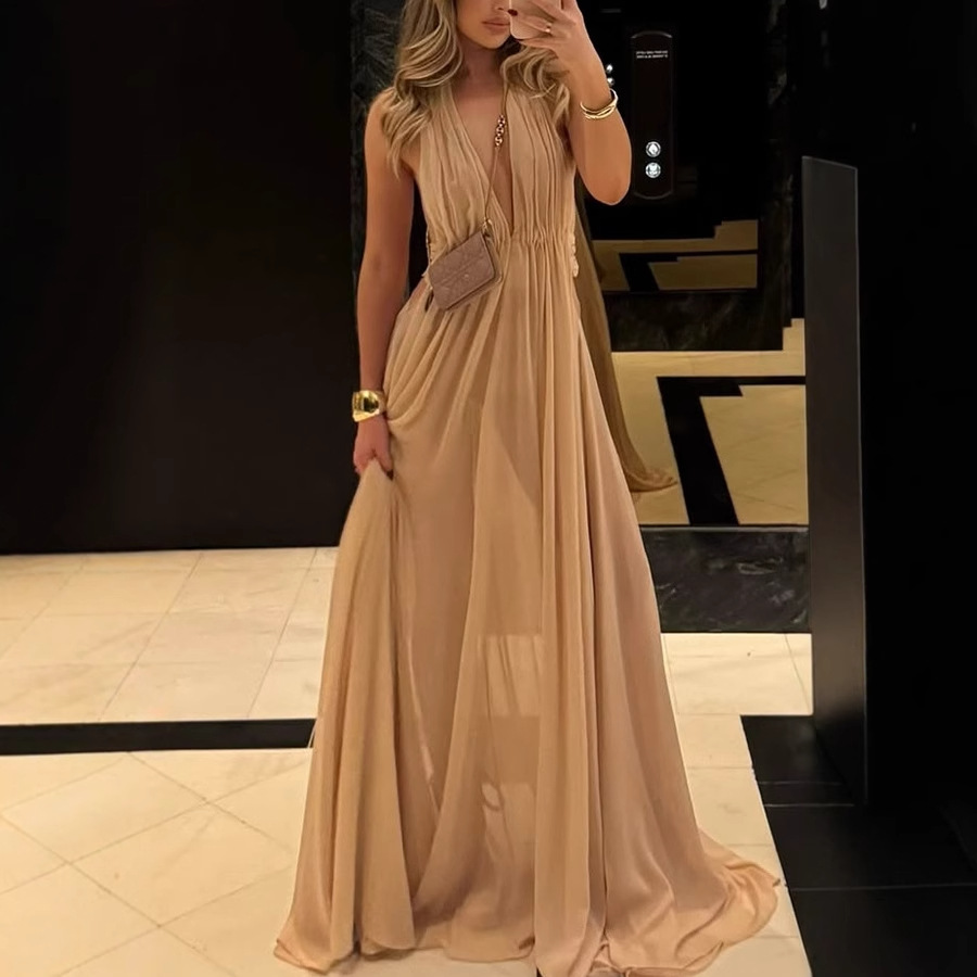 Free shipping designer dress for women French style fashionable dress with waist cinching and slimming effect V-neck long skirt