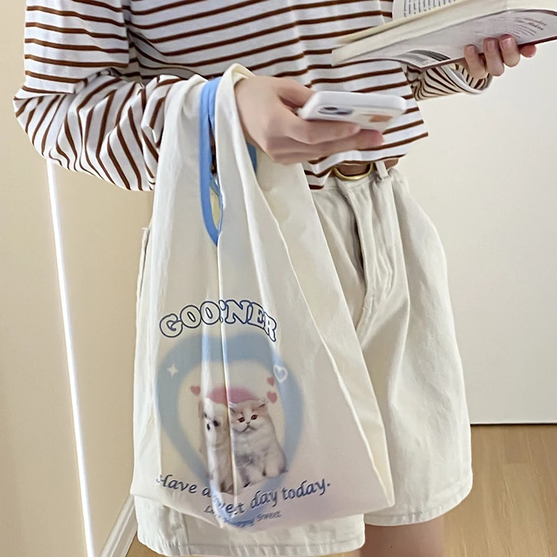 Summer Women Little Tote Cute Cat Dog Print Cloth Small Beach Handbag Female Shopper Leisure Shopping Hand Bags Eco Purse 250723