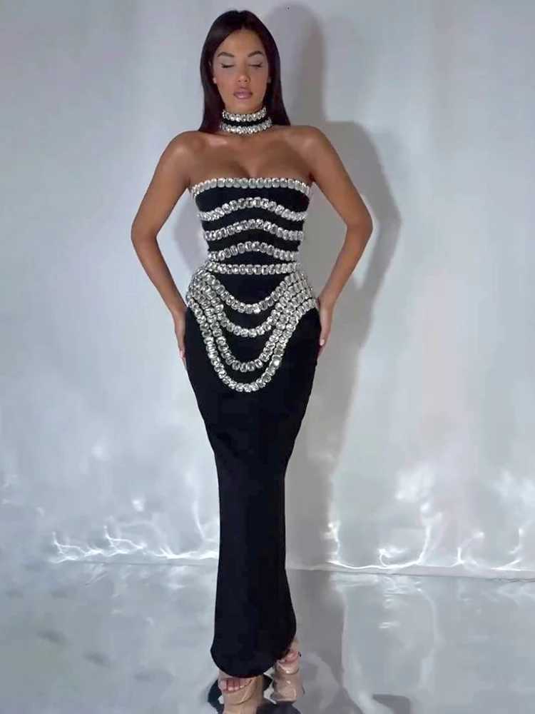 VC Black Strapless Long Dress Embellished Bodycon Bandage Prom Celebrity Party Evening Gowns Dropshipping Z250728