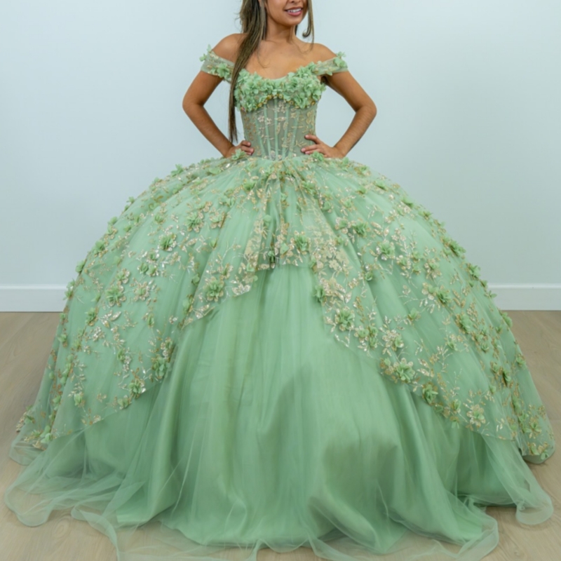 Sage Green Shiny Quinceanera Dresses Ball Gown Off The Shoulder Gold Applique Flower Beads Tull Corset Party Birthday Sweet 16 Dress Vestidos De 15 An