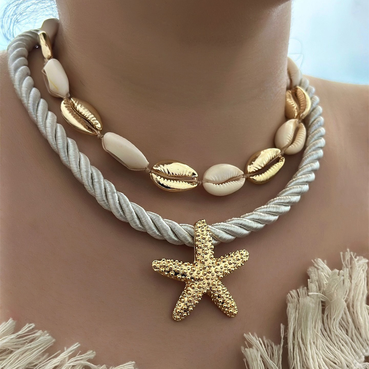 Summer Exaggerated Beach Style Alloy Starfish Fashionable Elegant Handmade Shell Collarbone Chain Necklace for Women Jewelry for Women