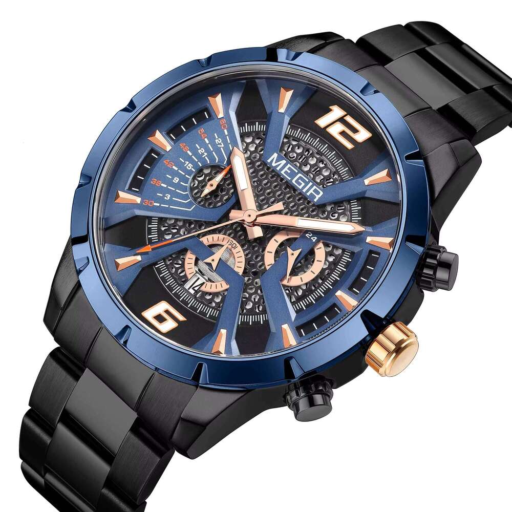 DHgargets MEGIR 2221G Men's Skeleton Chronograph Watch - 47mm Stainless Steel, Waterproof, Luminous, Date, Business Quartz Watch