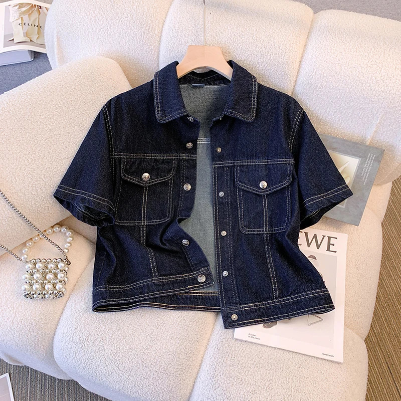 Deep Blue Short Sleeve Denim Jacket For Women Spring/Summer Lapel Single Breasted Korean Loose All-Match Short Casual Top 250728