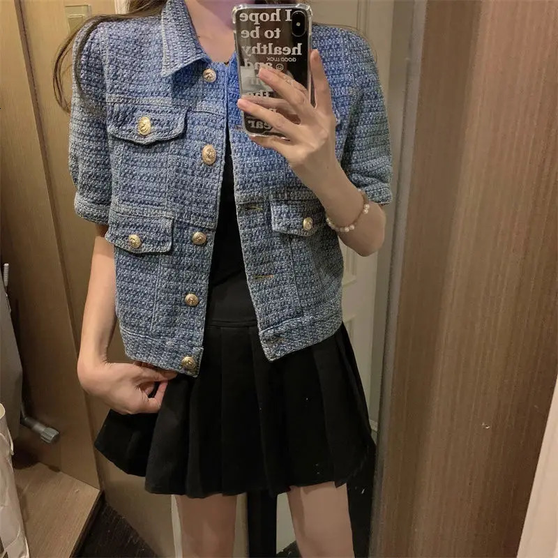 Womens Summer Fashion Retro Denim Short Sleeve Coat Ladies Loose Fit Jacket 250728