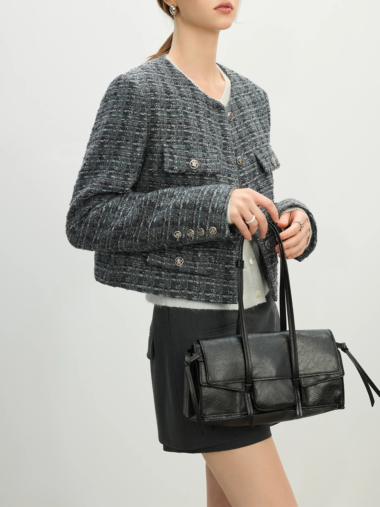 FSLE Exquisite Floral Gauze Gray Minimalist Style Women Jacket Spring Round Neck Elegant Ladies Short Coat 25FS11127 250728