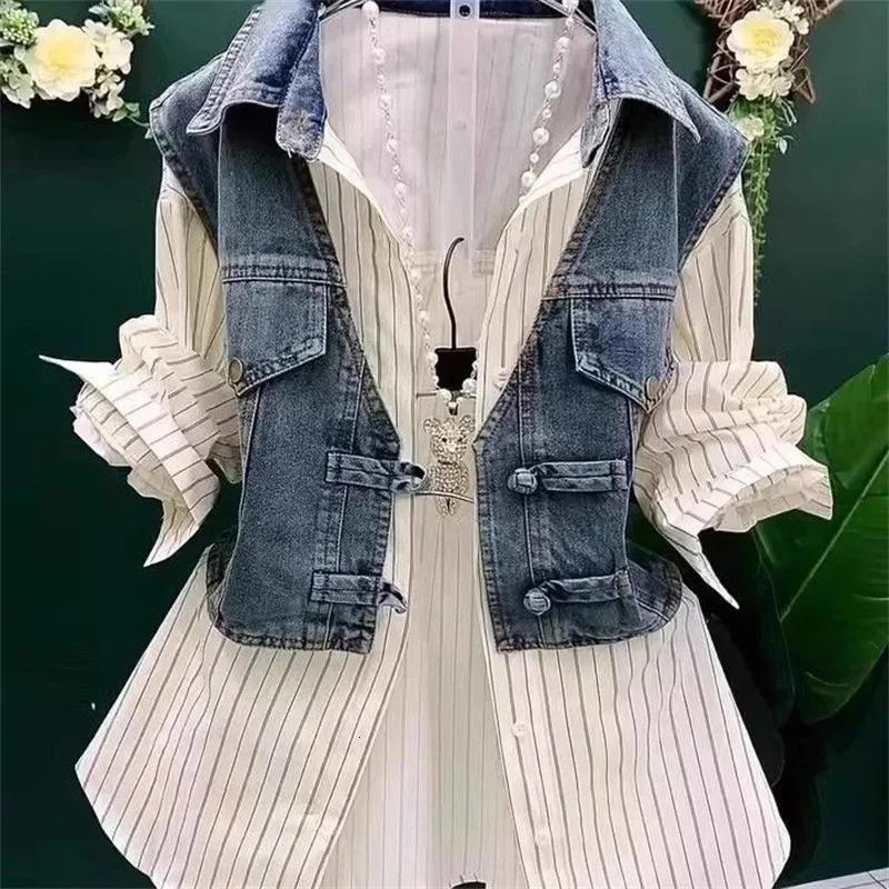 Cow Vest Patchwork Summer Shirt Fake Two-Piece Shirt Womens Cow VPolo Collar Denim Jacket Autumn Button Spring Shirt Lady 250728