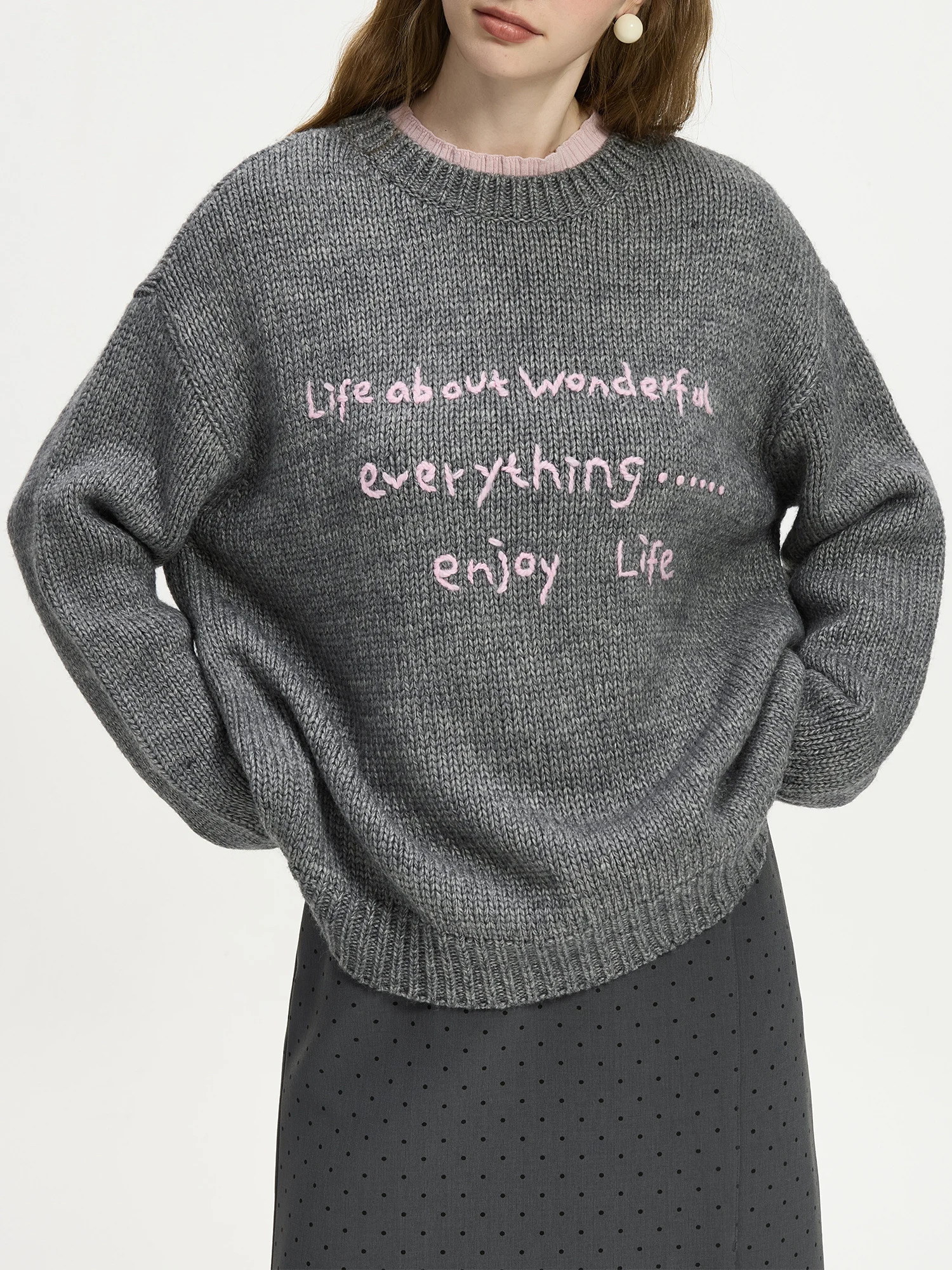 245% Wool Letter Embroidery Color Collision Loose Round Neck Knitted Sweater for Women Winter Pullover 24FS14250 250728