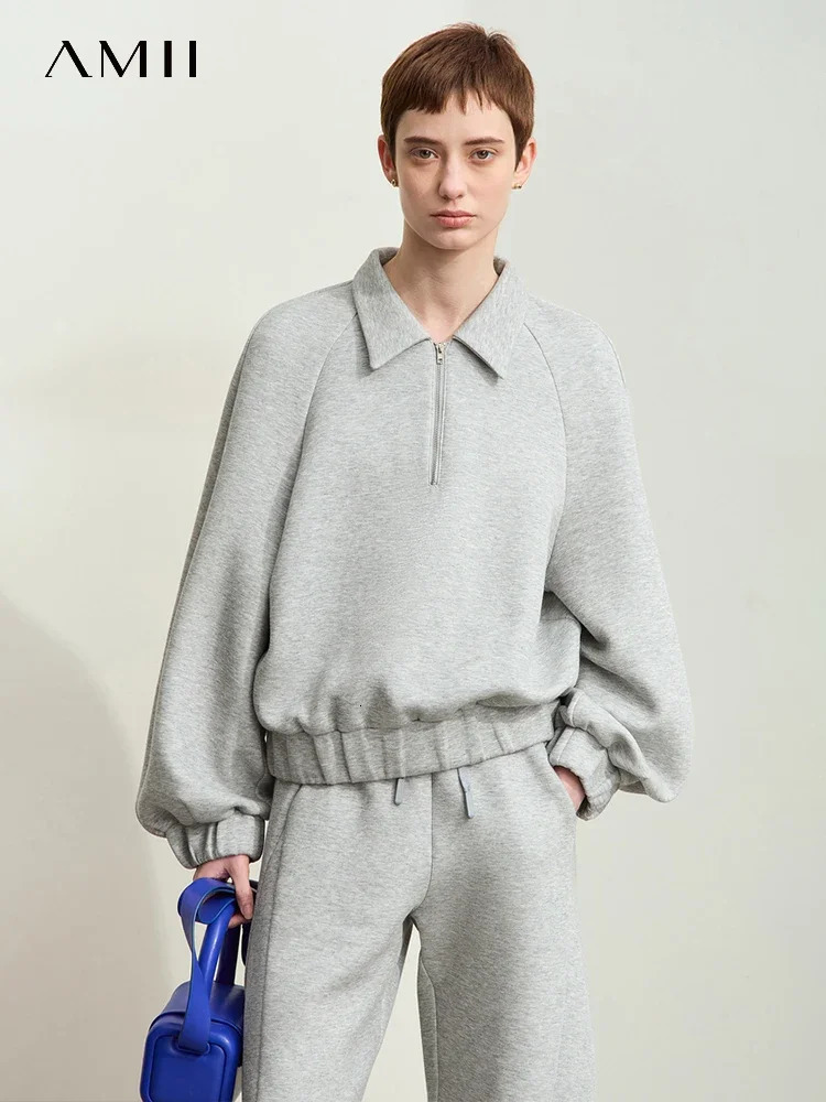 Amii Minimalism Women Hoodies Autumn Lapel Zipper Casual Loose Sporty Pullovers Trendy Solid Clothes for Women12443154 250728