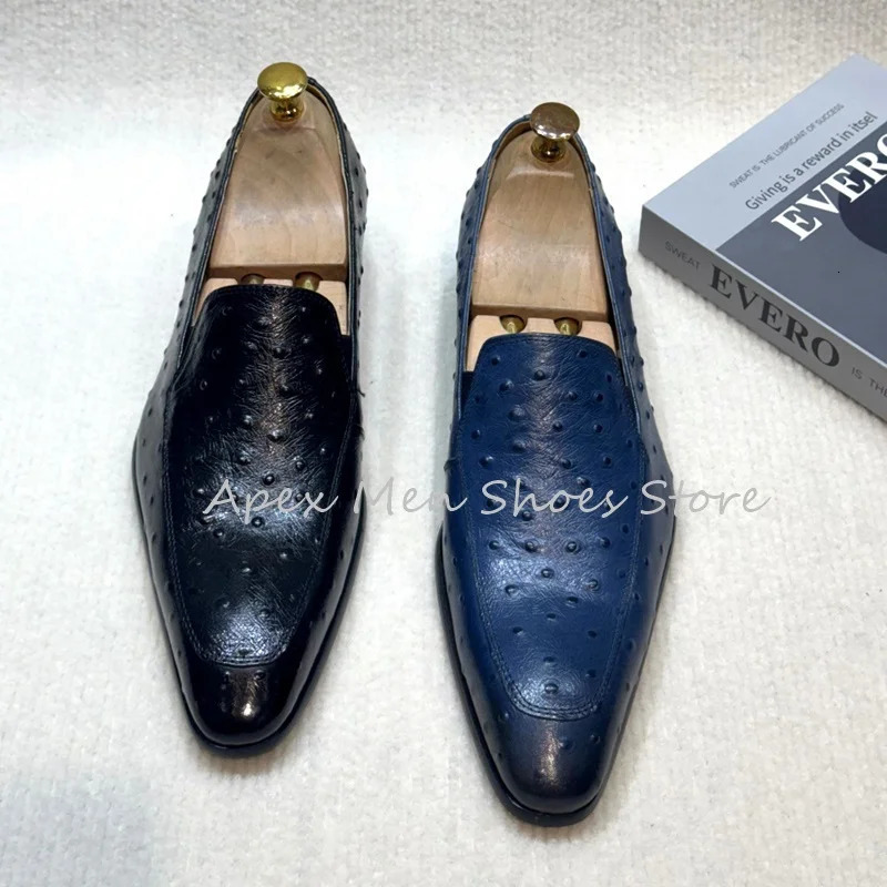 2025 Mens Elegant Ostrich Texture Leather Slip On Loafers Navy Blue Comfortable Low Heel Dress Shoes Business Formal Shoes 250723