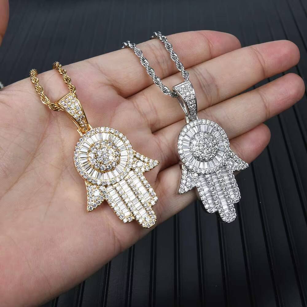 High Quality Hip Hop Jewelry CZ Iced Out Diamond Hand of Fatima Hamsa Pendant Necklace