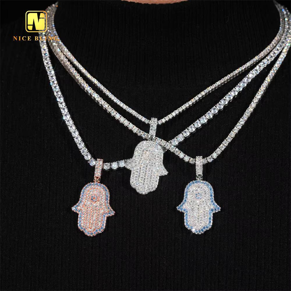 High Quality Ready to Ship Hamsa Charm Fine Hip Hop Jewelry 925 Silver 5A Cubic Zirconia Custom Iced Out Blue Diamond Pendant