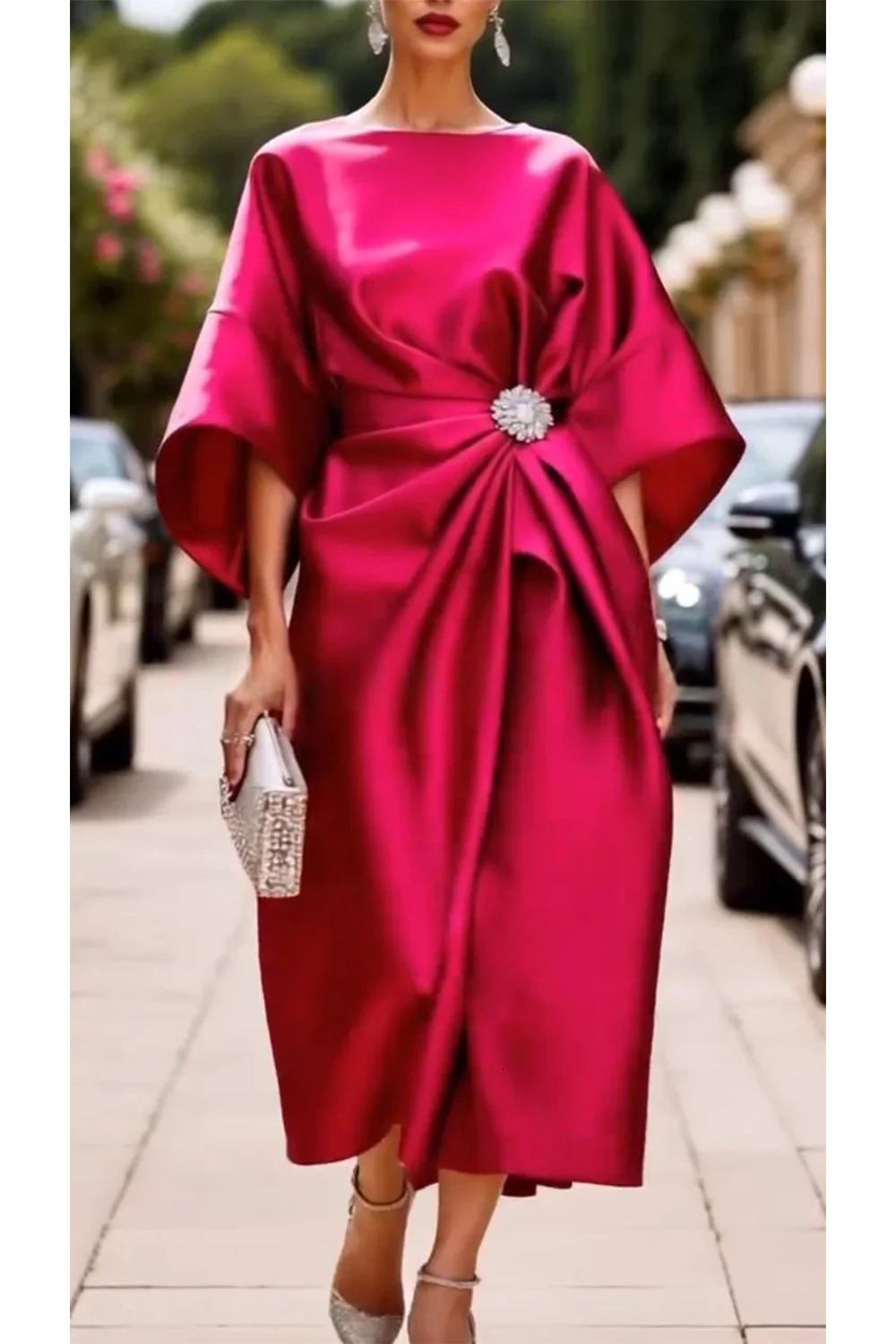 Women Elegant Wedding Guest Dress Champagne Round Neck Flare 34 Sleeve Sequin Knot Cocktail Party Satin Midi Dresses 250728